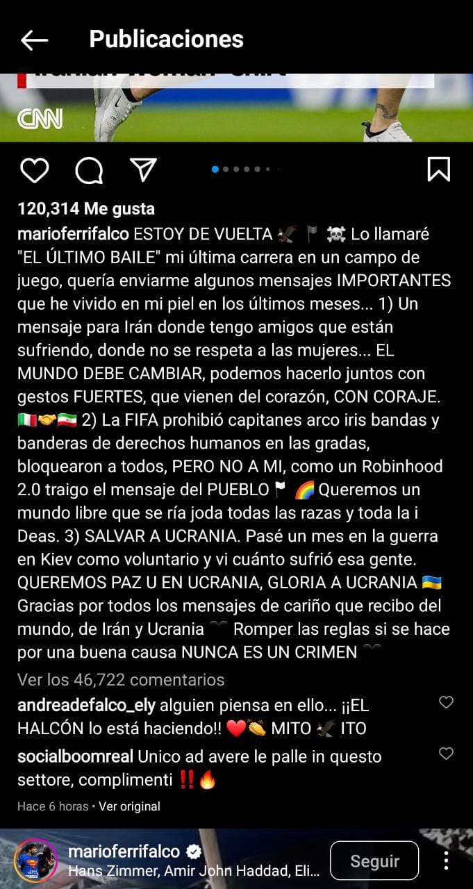 Mensaje que publicó Mario ferri falco antes que desactivaran su cuenta de Instagram