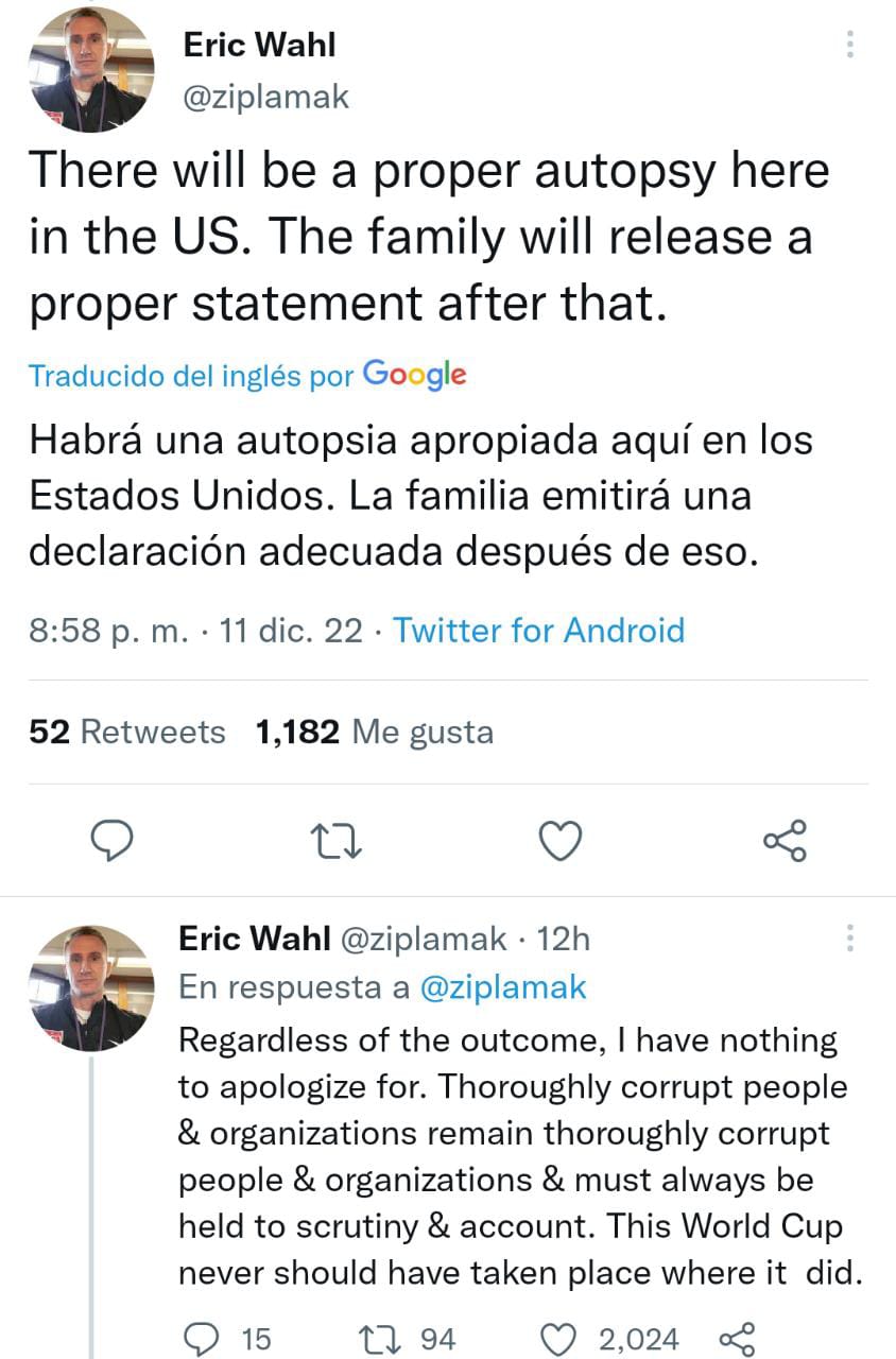 Eric Wahl tuit sobre muerte de Grant Wahl