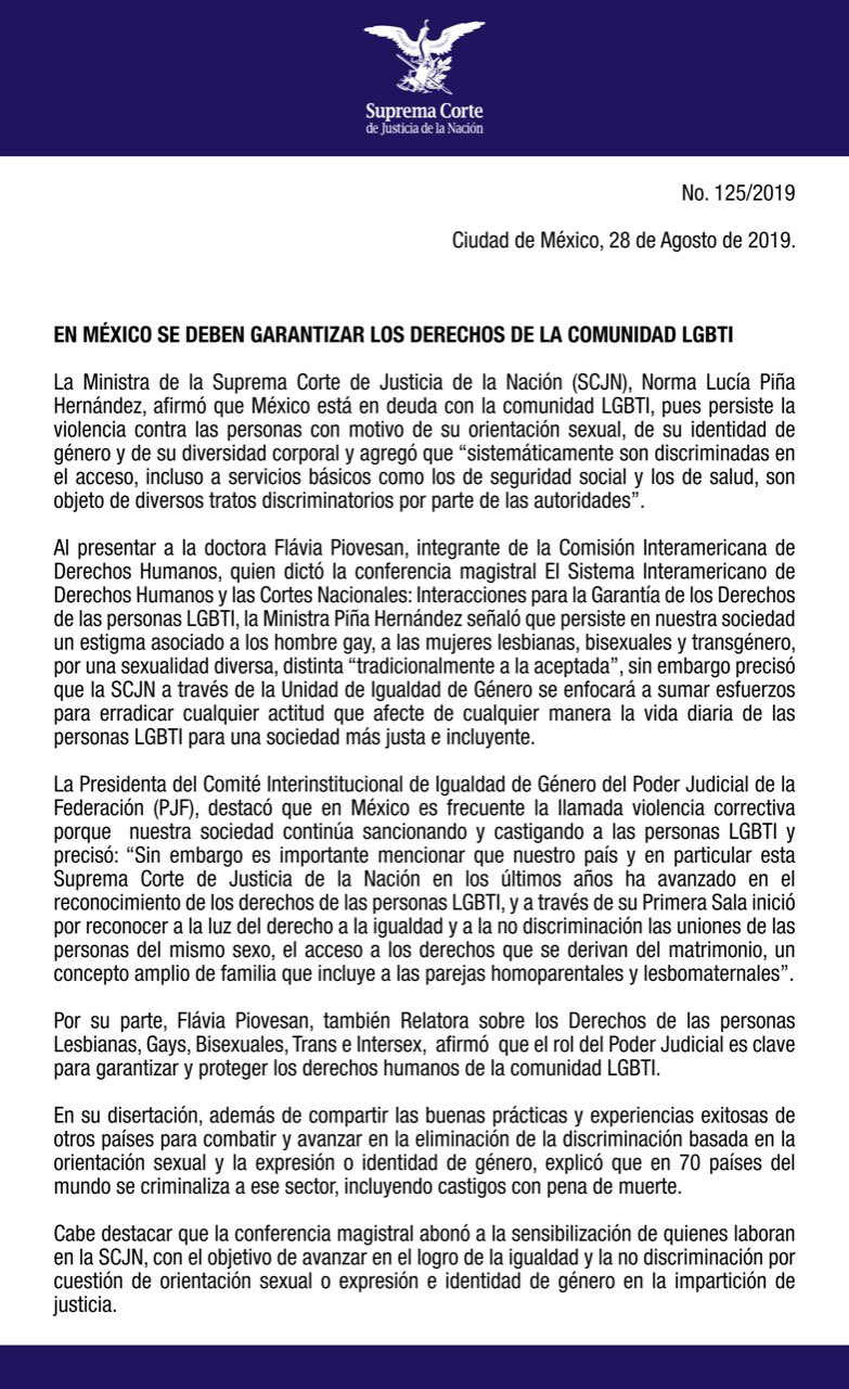 Norma Lucía Piña Hernández primera presidenta Suprema Corte de justicia de la Nación SCJN lgbt 2019