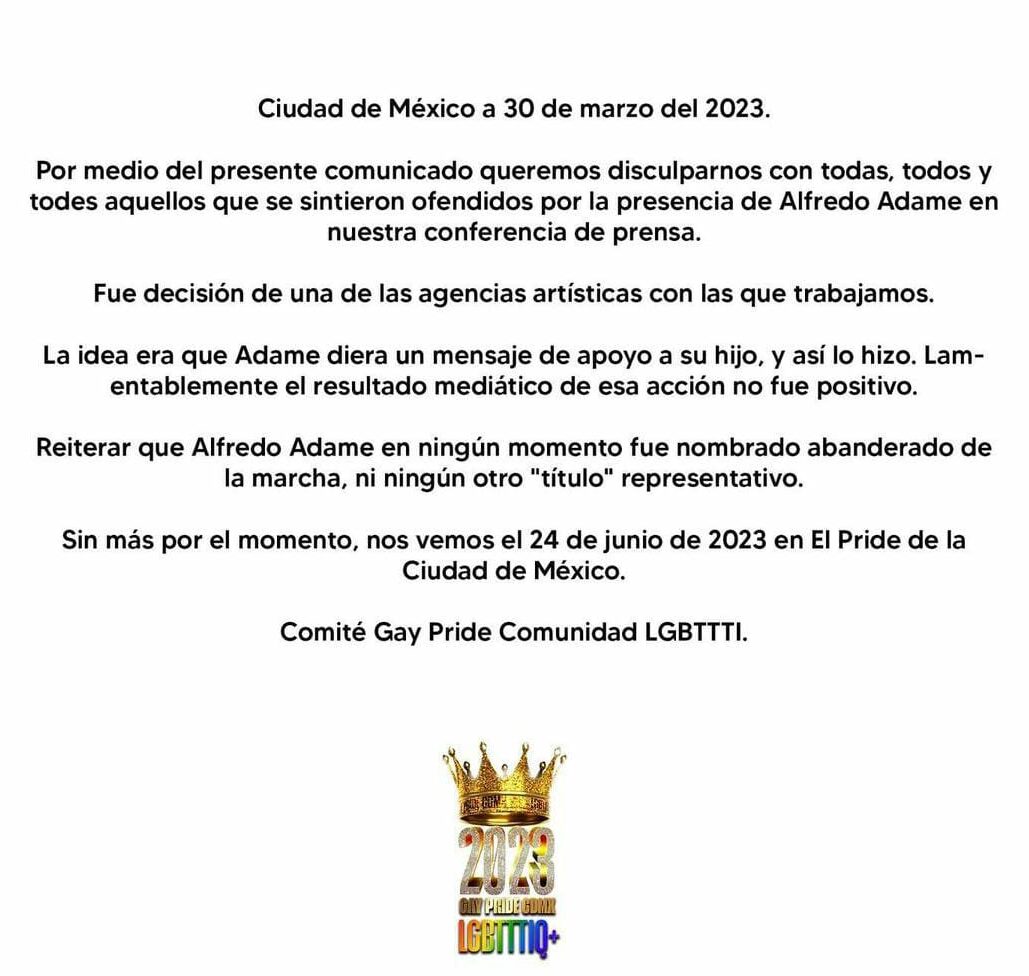 Comité gay pride comunidad LGBT+ comunicado por presencia de Alfredo Adame en la Marcha