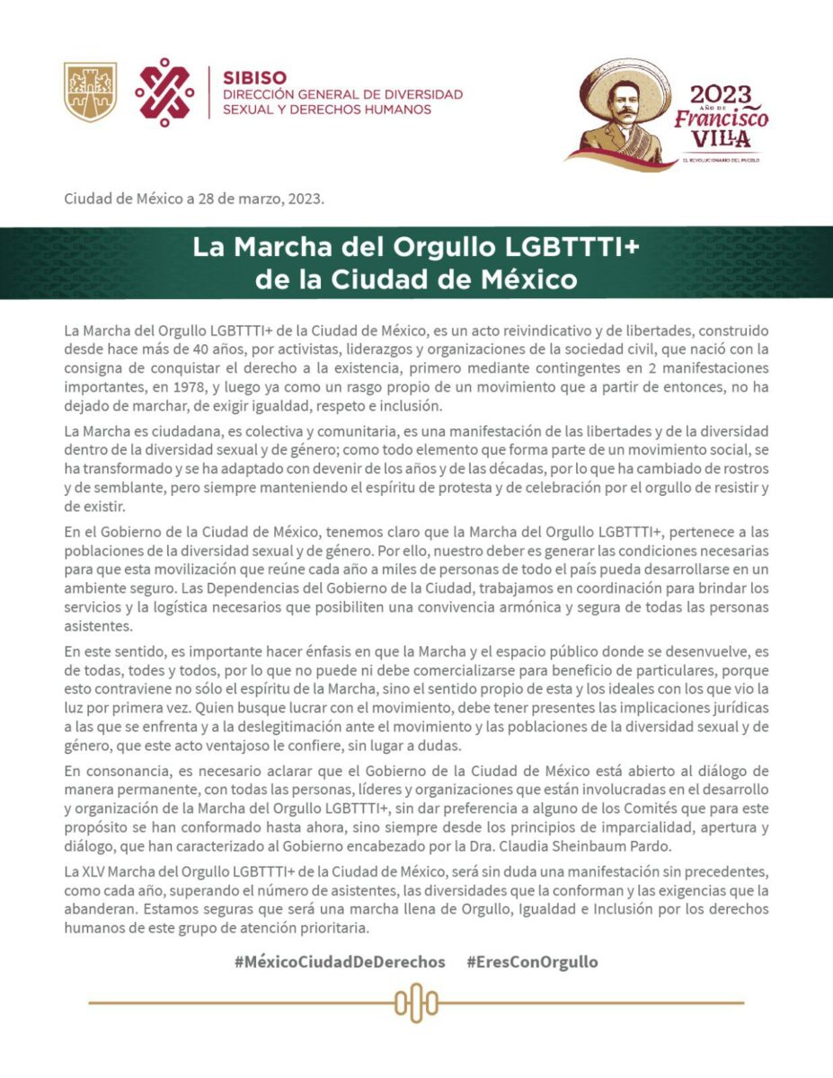 Comunicado Marcha LGBT+ gobierno cdmx