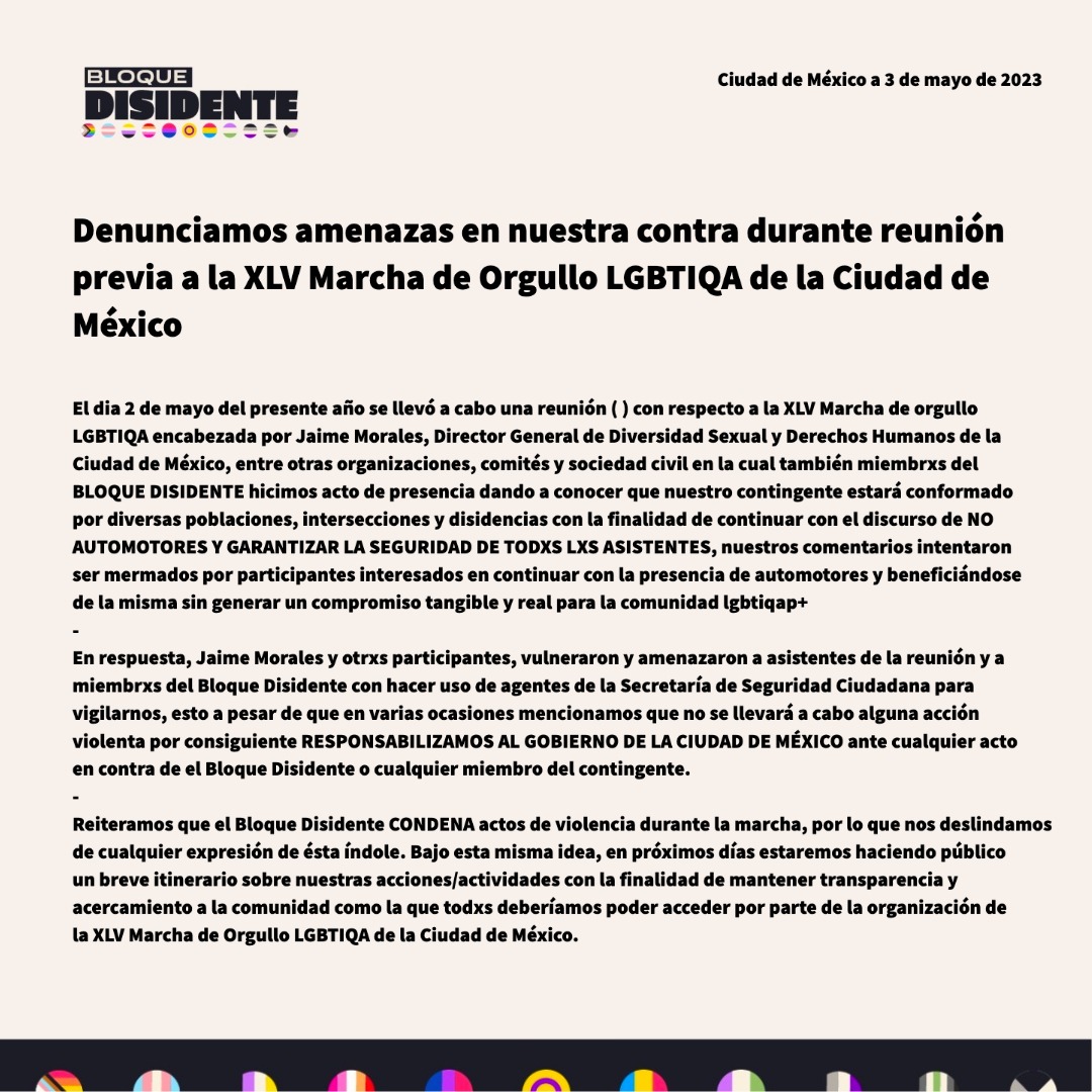 Comunicado bloque disidente amenazas gobierno