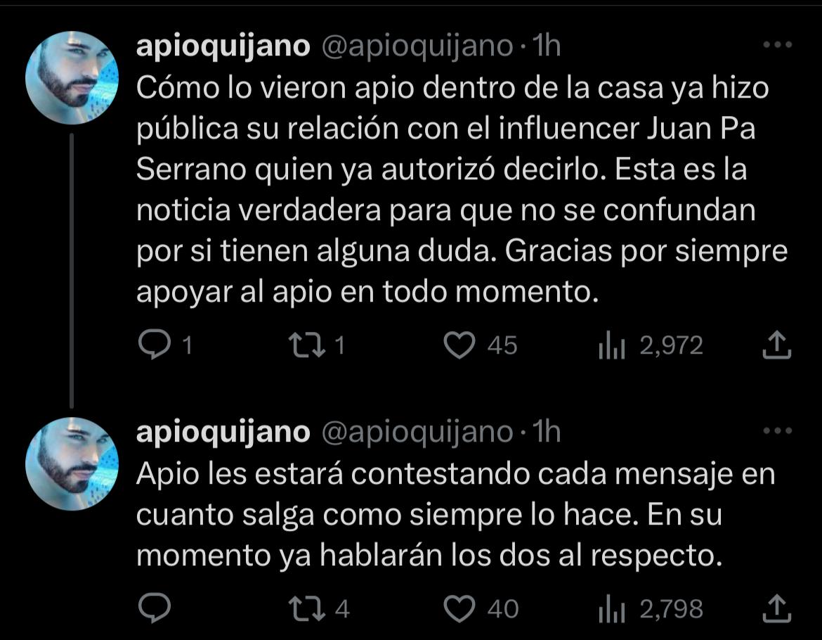 Apio Quijano pareja novio Juanpa serrano tuits