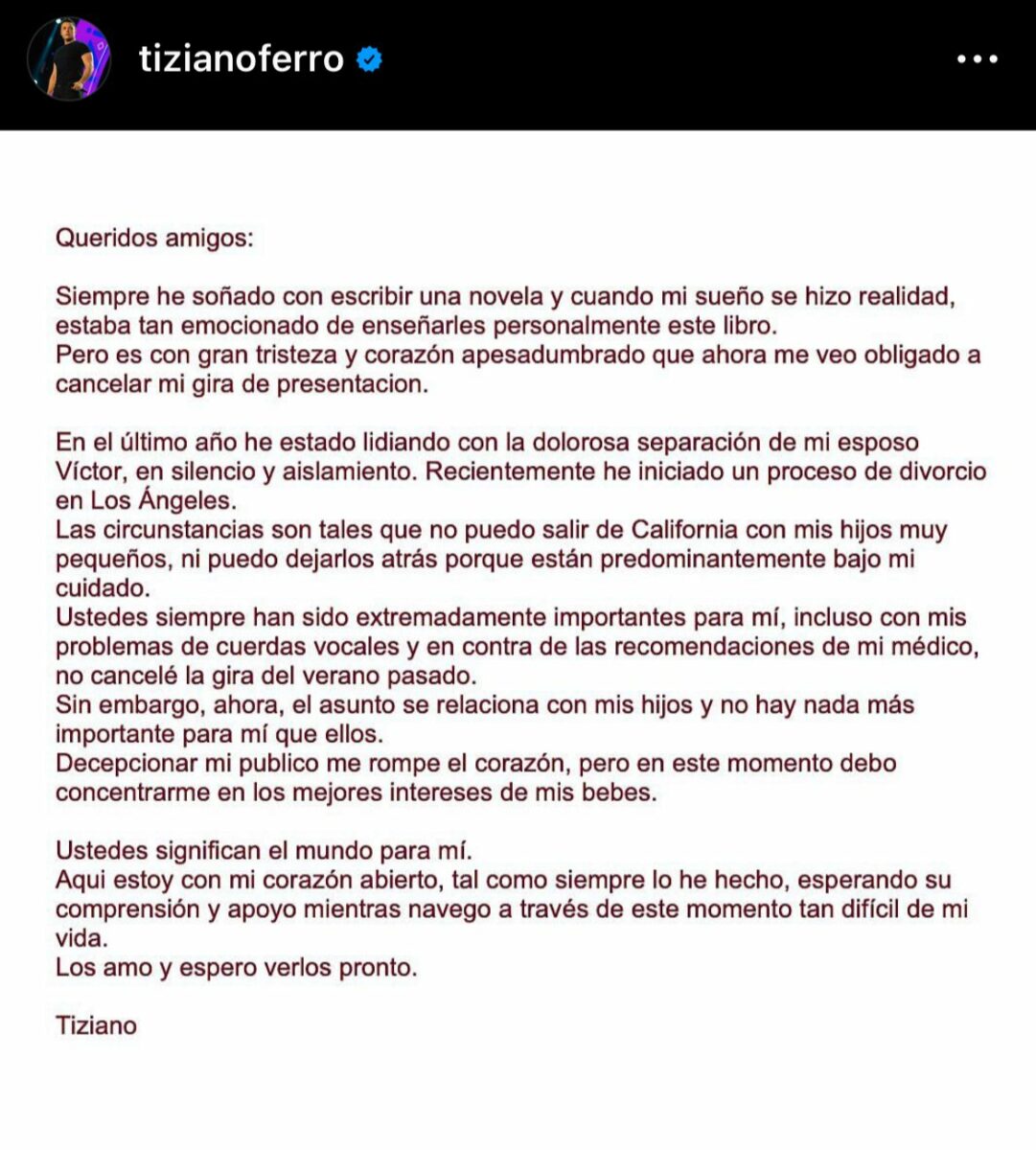 Comunicado de Tiziano Ferro divorcio de victor allen