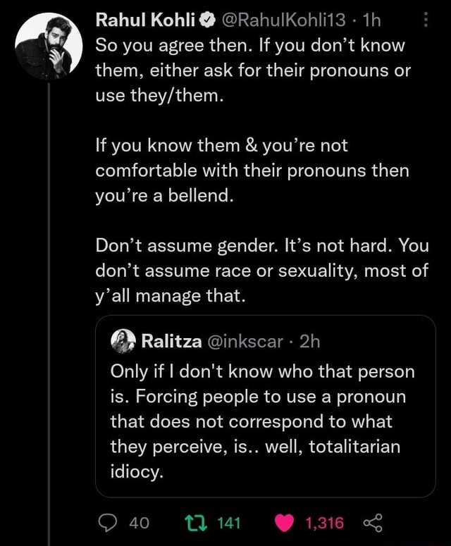 Rahul Kohli tuit pronombres