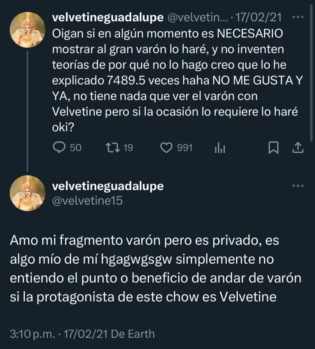 Solo las más velvetine tuit fuera de drag