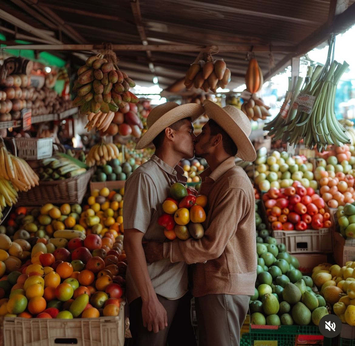 Beso gay en frutería ia